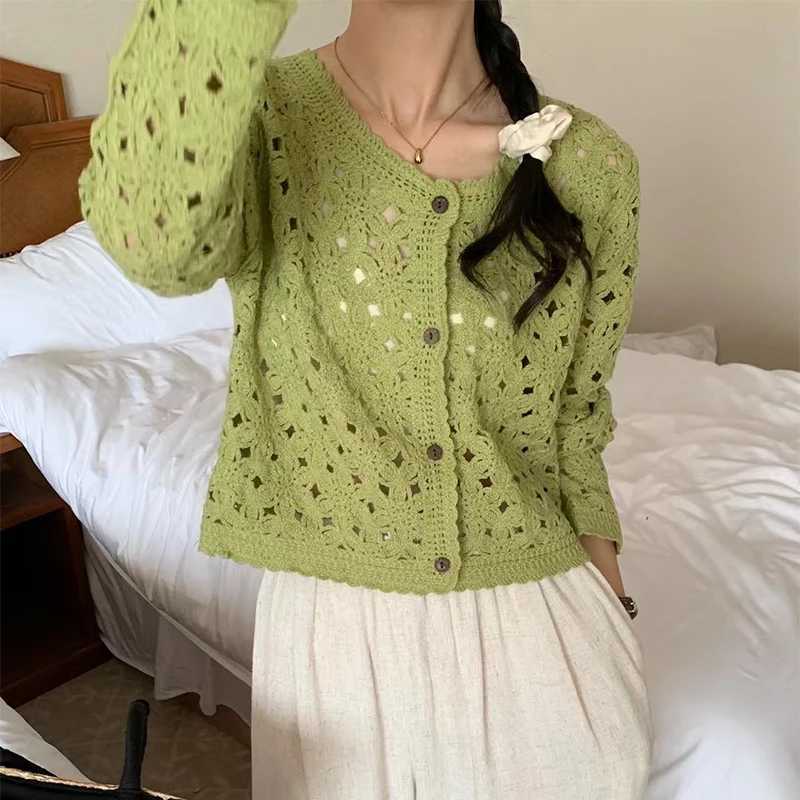 Long Sleeve Crochet Top for Women Sheer Button Up Hollow Out Openwork Knit Cardigan Jacket Spring Summer Boho Vacation Outfit M260306