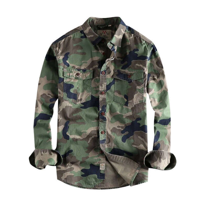 Khaki Foreign Trade Washed Camouflage American Workwear Long Sleeve Shirt for Men with Double Pockets Versatile Casual Military Youth Top
