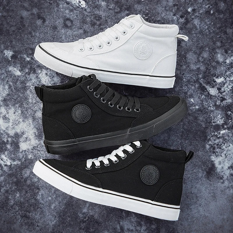 Mens High-Top Canvas Sneakers Slip-On Lace-Up Casual All-Black Basic Skate Shoes for Students Flat Sole Comfortable Sport Shoes 260305