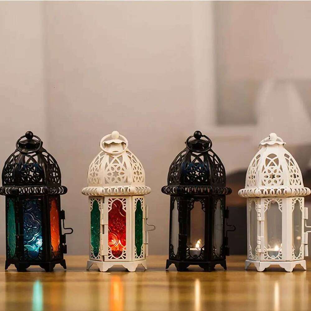 Glass Crystal Moroccan Candlestick Metal Hollow Holder Home Coffee Shop Decoration Iron Hanging Candle Lantern XJ260305