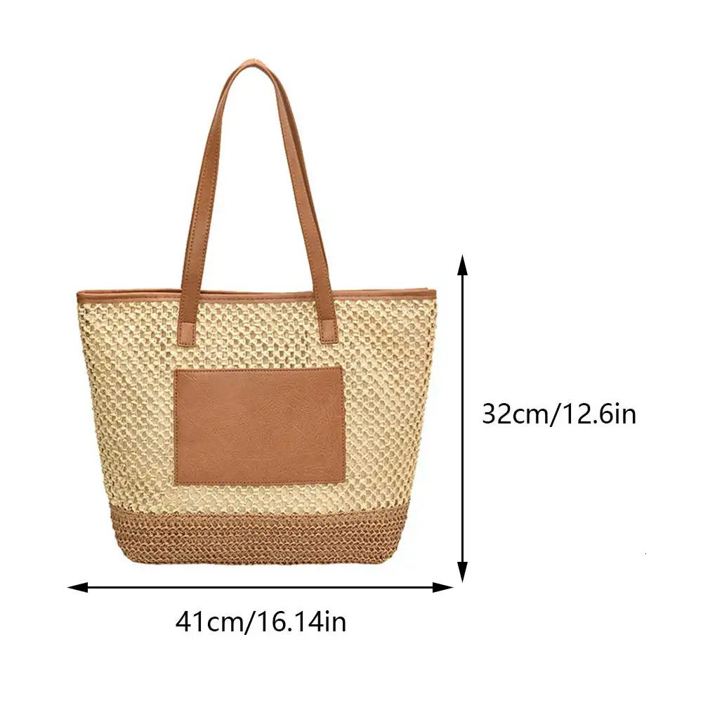 Women Straw Crochet Beach Handbag PU Patchwork Simple Shoulder Bag Contrast Color Minimalist Tote Bag Ladies Summer Bag 260303