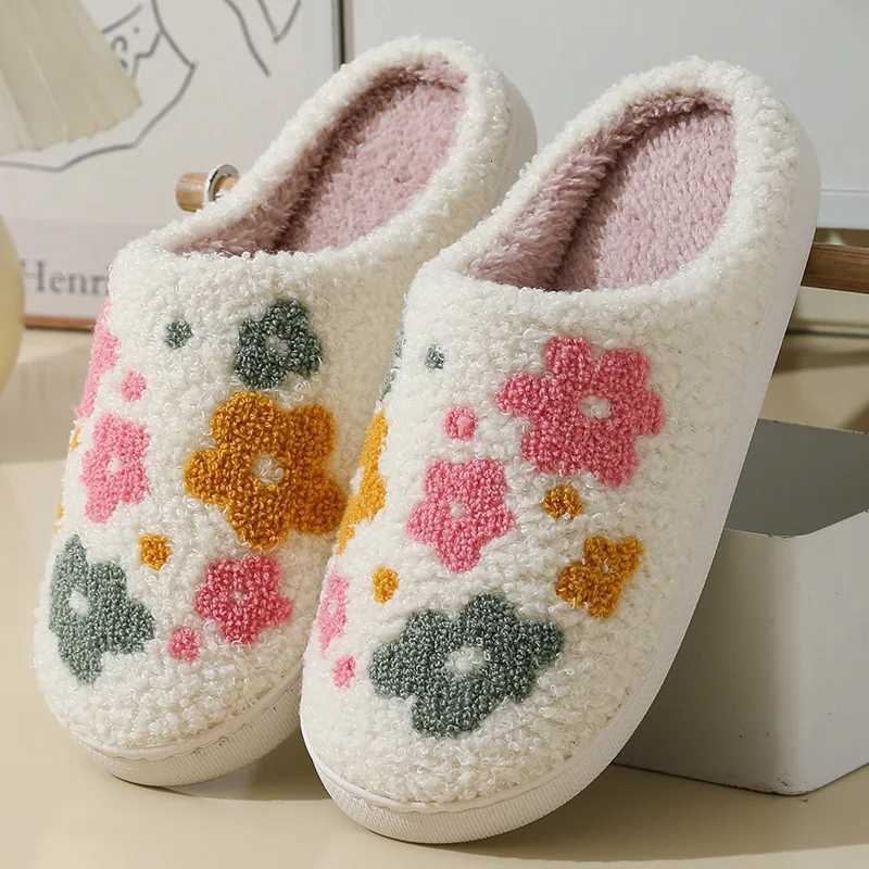 Cotton Slippers Womens Indoor Rainbow Plush Warm Slippers Floral Letter Heart Design Slides Ladies Fluffy Cozy Home Comfy Shoes S260305