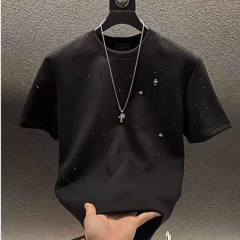 European and American Style Handsome Short Top Heavy Craft Light Luxury Clothing Meteor Hot Stamping T-Shirt Men's Round Neck Half Sleeve Tee