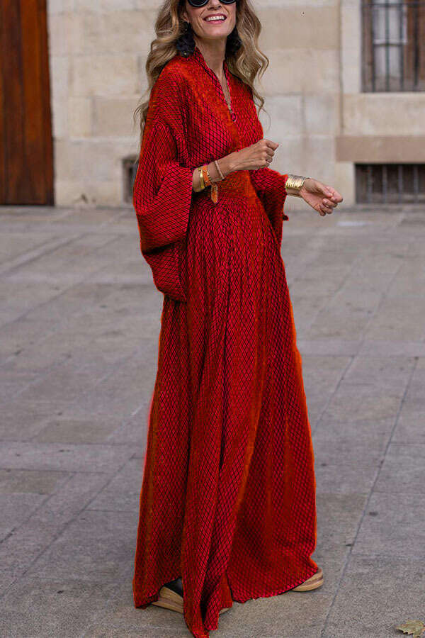 2026 European and American Autumn Style Long Sleeve Loose V-Neck Waist-Cinching Flared Dress for Women