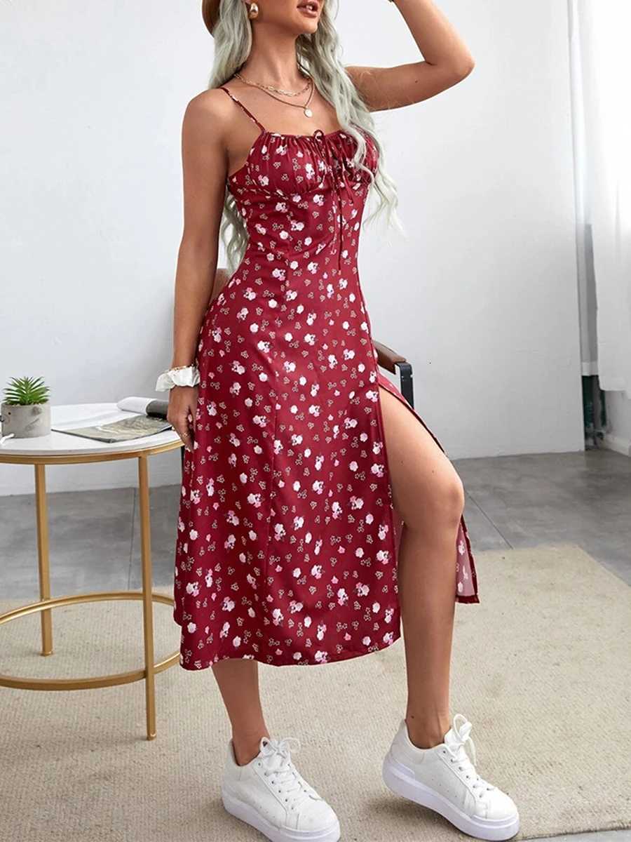 Floral Summer Dress Women Flower Print Spaghetti Strap Sleeveless High Slit Dress X260306