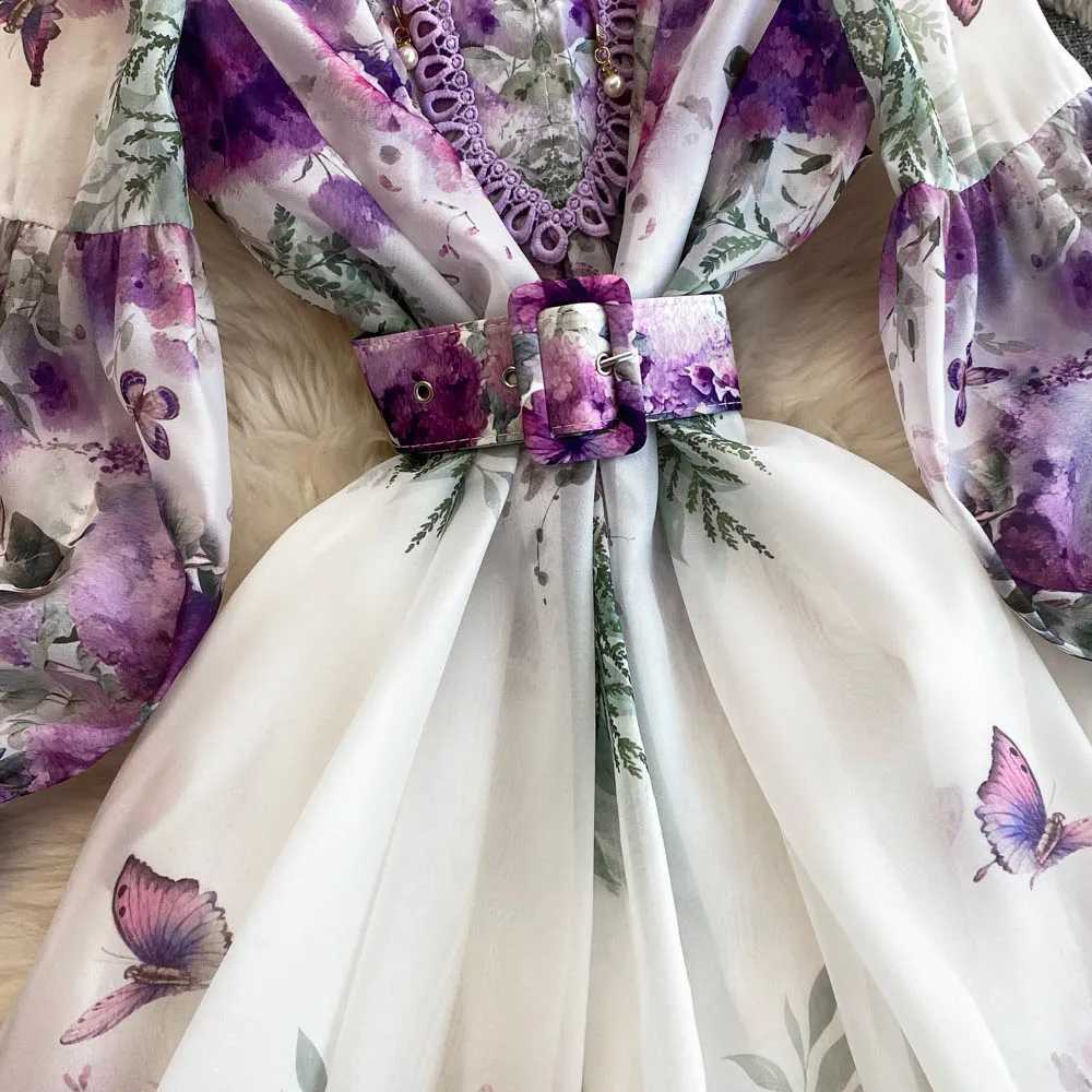 Floral Print Fresh Chic Women Dress Spring 2026 New Elegant Slim Lantern Sleeve Big Swing Vestido French Style Temperament Ropa X260306