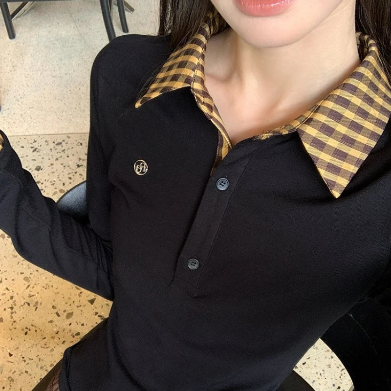 Polo Neck Plaid Patchwork Embroidery T Shirts Spring Autumn Twopiece Slim High Street Tops Fashion Casual Women Clothing 260228