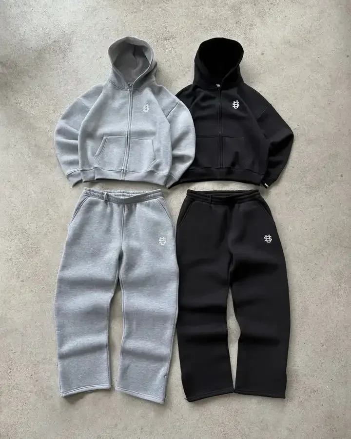 Embroidered casual zipper hoodie sweatpants two-piece set Y2K clothing mens hip-hop oversized sweatpants casual pants 260227