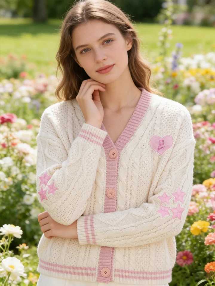 Womens Pink Cable Knit Cardigan V-Neck Contrast Trim Heart Star Pattern Sweater M260306