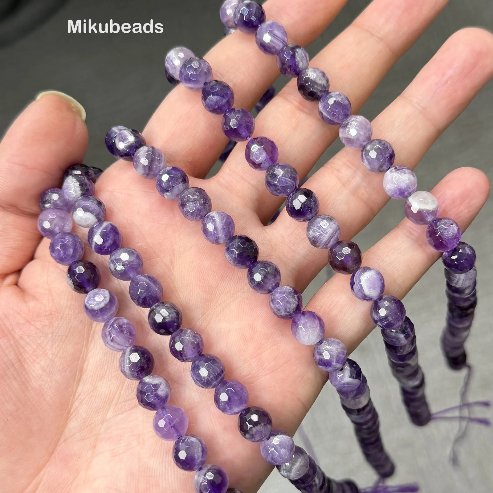 Natural 8mm Amethyst Fantasy Stripes Faceted Round Loose Beads For Jewelry Making DIY Bracelets Necklace Wholesale Mikubeads 260302