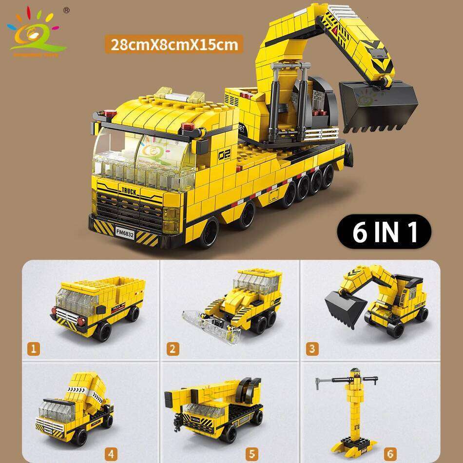 HUIQIBAO 1000pcs 6in1 Engineering Crane Truck Building Blocks City Construction Bricks Bulldozer Car Set For Children Kids TOYS Z260306