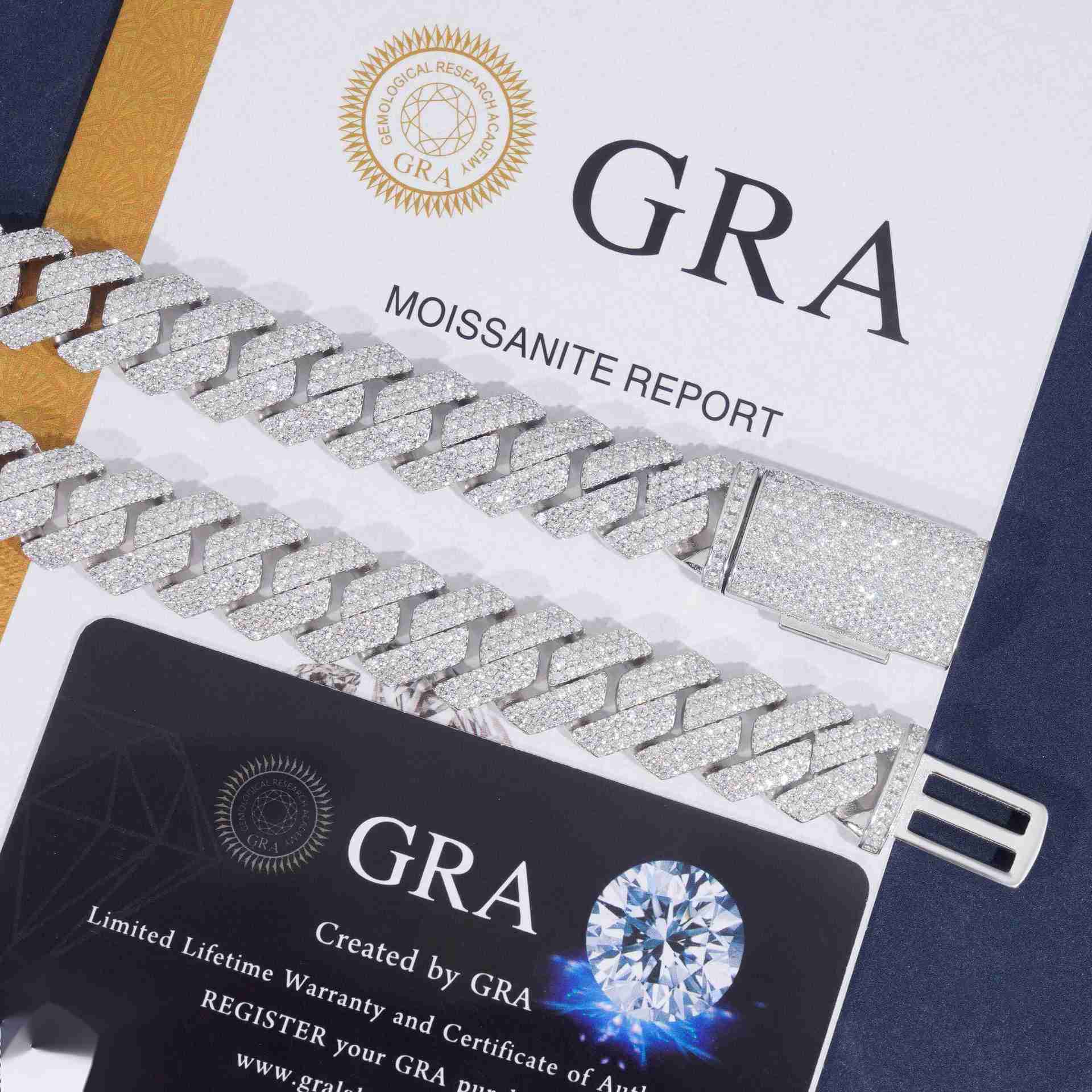 Best-selling hip-hop 14mm full diamond three-row 925 silver inlaid moissanite diamond-shaped personalized Cuban chain accessory GRA