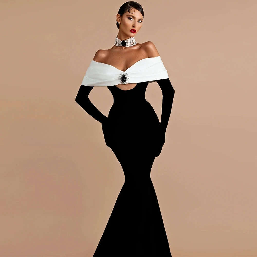 Contrast Color Crystal Mermaid Evening Dress Off The Shoulder Prom Dresses Court Train Celebrity Gowns
