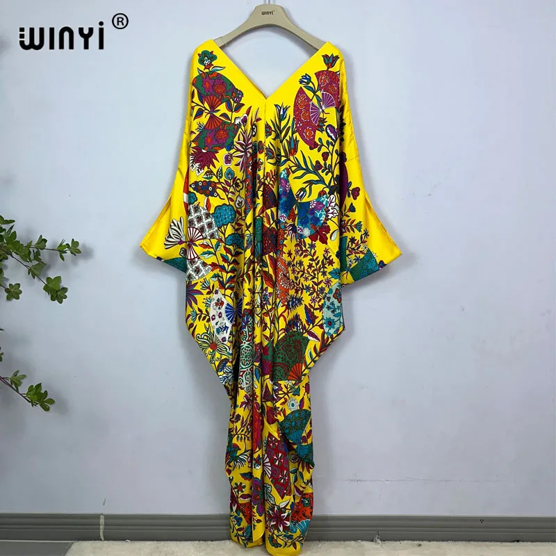 2023 Print Caftans for Women fashion Beachwear WINYI Maxi robes beach Vneck Bohemian long dress Middle East Casual kaftan 260228