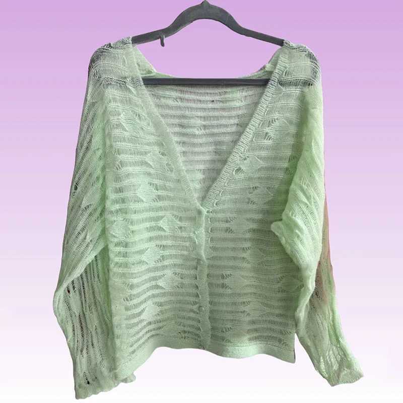 Spring Autumn Thin Hollow Out Cardigan Women Korean Style Green V-Neck Cropped Knitwear Ladies Streetwear Long Sleeves Sweaters M260306