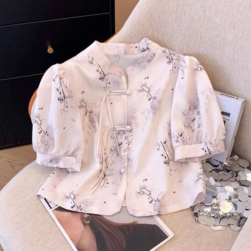 New Chinese style Green Bamboo Print Short Sleeve Shirt With Summer Cheongsam Collar And Button Design Embroidered Slim Fit Women's T-irt Summer