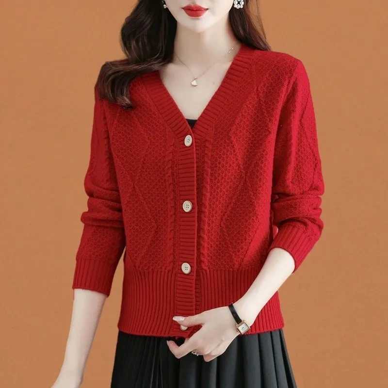 Spring Women Xiaoxiangfeng Knitting Cardigan Sweater Coat Female Short V-neck Knitwear Jacket Korean Lady Versatile Knit Outcoat M260306