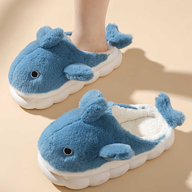 Cute Whale Cotton Slippers Female Winter Couple Indoor Home Mens Winter Cartoon Wool Slippers S260305