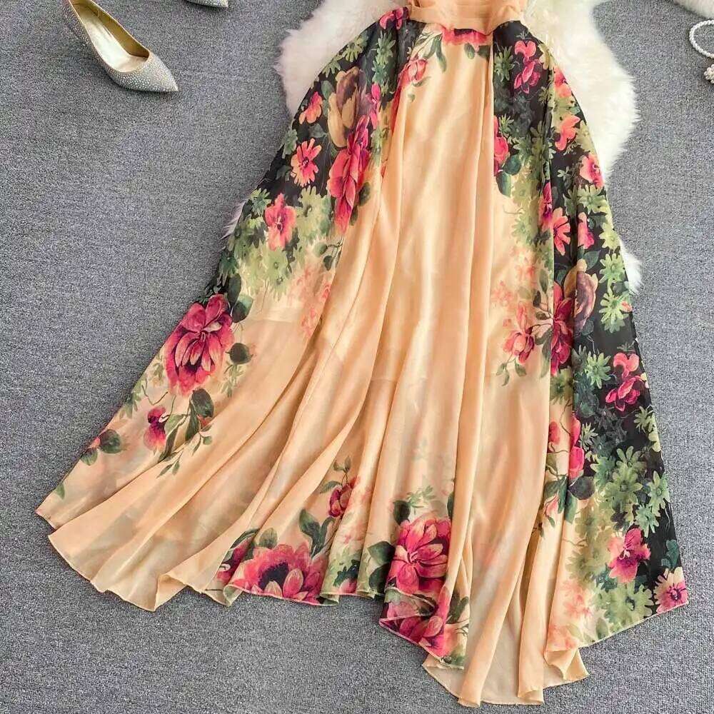 Runway Floral Print Midi Long Dress Summer Women Sleeveless Vest Tank Chiffon Dresses Ladies Mdng260306