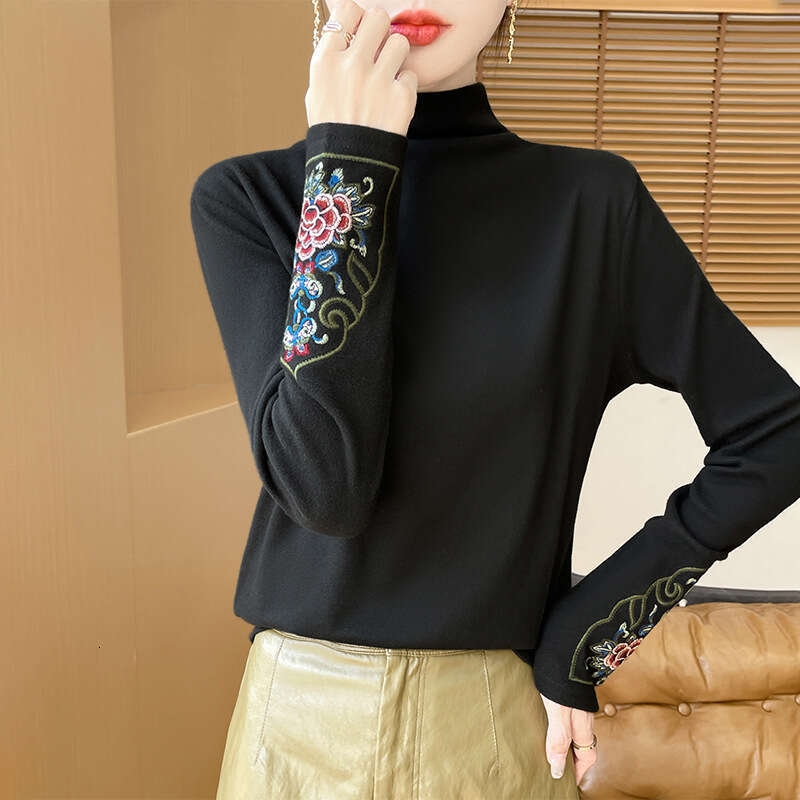 New Chinese Sle Embroidered f High Collar Thiened Fce Warm Inner Wear Loose Knitted Sweater for Women Winter Season