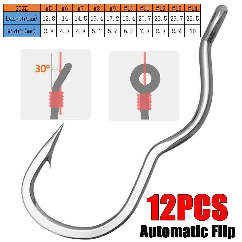 12Pcs/Pack Creative High Carbon Steel Automatic Flip Fishhook Sharp Barbed With Eye Hook Anti Slip Fishing Tackle Y260305