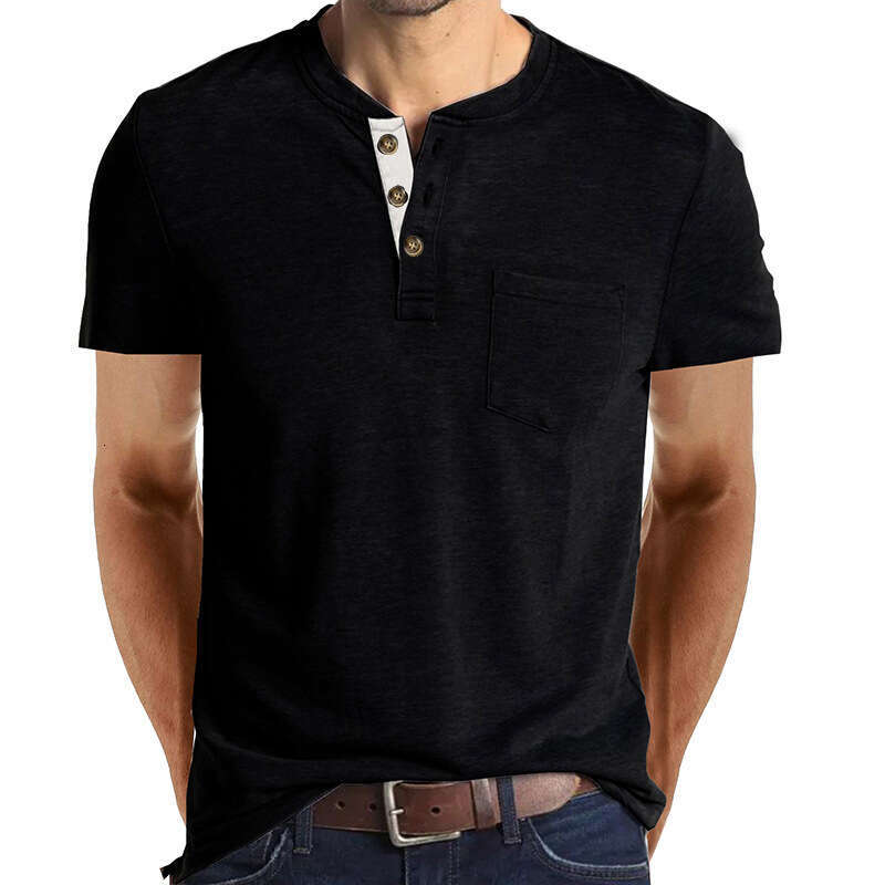 2024 Summer European and American Short Sleeve Foreign Trade Men's Henley T-Shirt Cross-Border Clothing Crew Neck Top