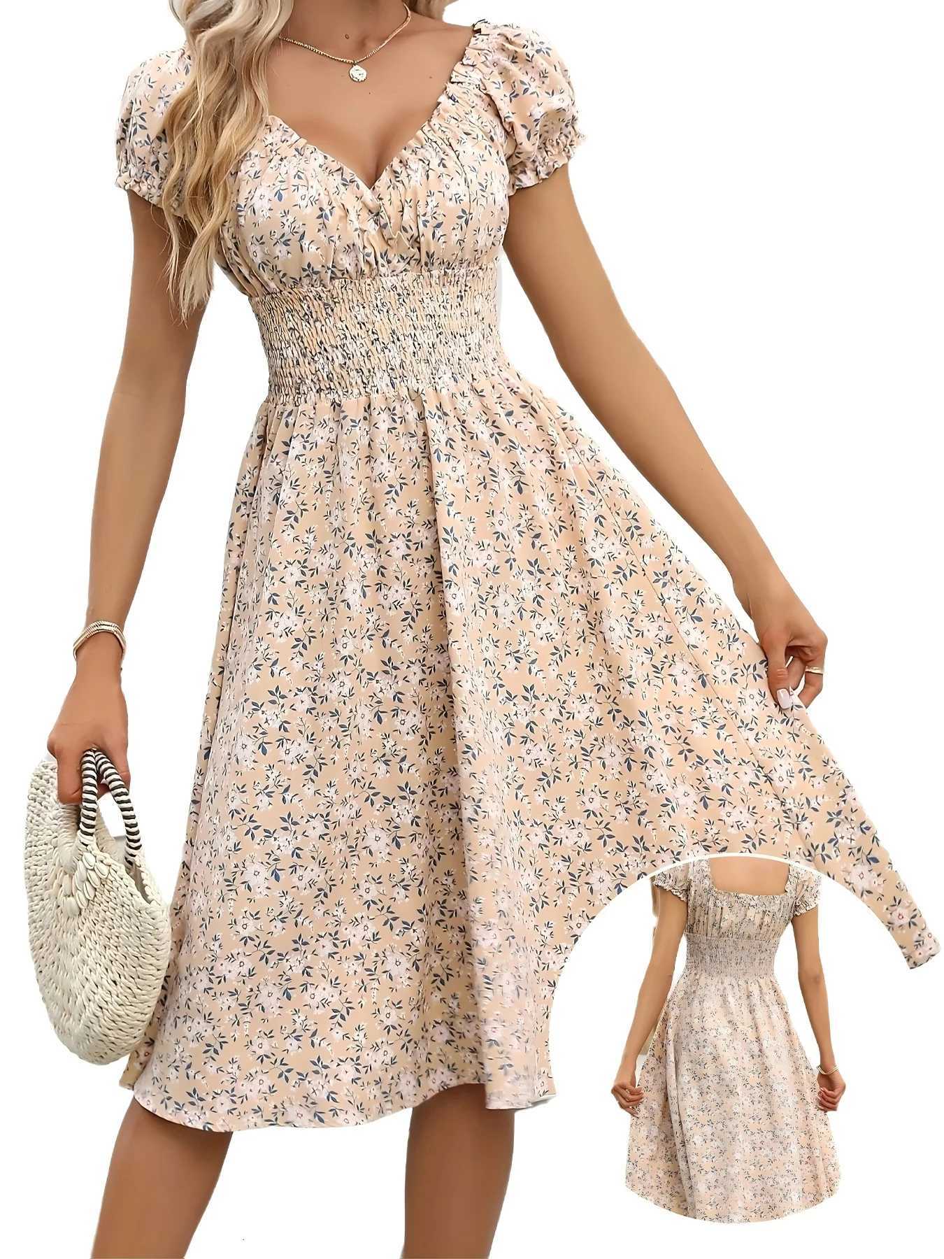 Vintage floral dress with fluffy cuffs and pleated waist cinching suitable for womens summer beach wear and summer parties X260306