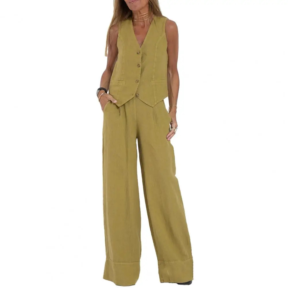 Autumn White Linen Two Piece Set For Women Fashion Sleeveless Tank Top In Matching High Waist Wide Pants Set 260305
