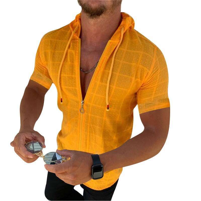 2025 New Model for Foreign Trade: Amazon European and American Fashion Men's Short-Sleeve Hooded Zipper T-Shirt