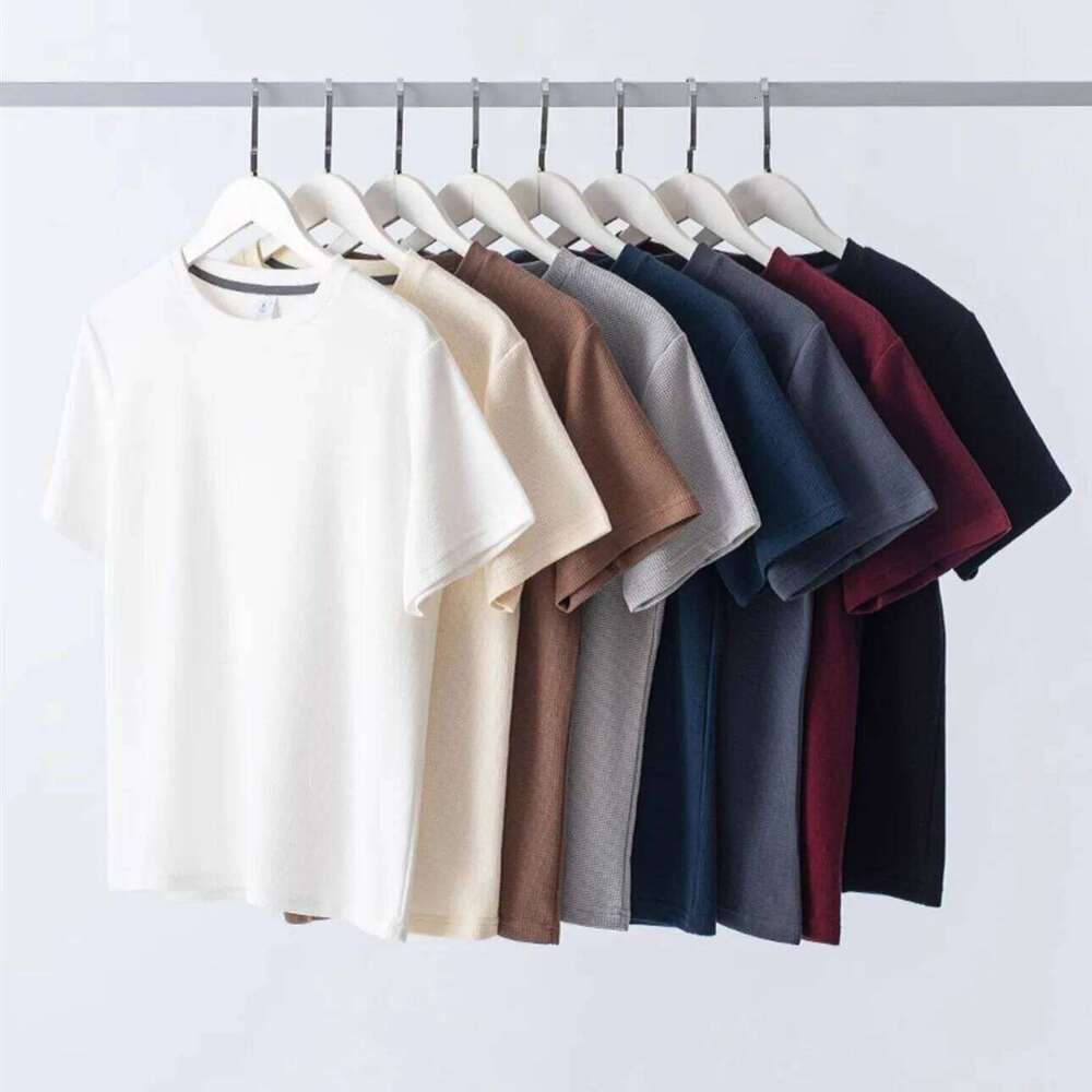 1pcs Men Summer Man Short Sleeved Waffle T-Shirt Male Solid Color Casual Tee Men's Round Neck Fashion Top 26H0306