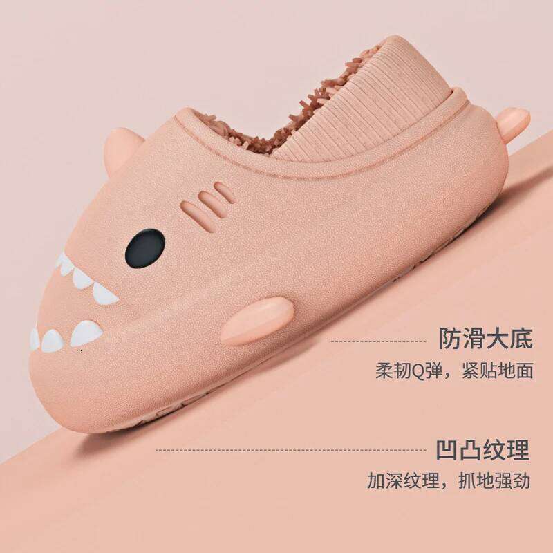 Litfun Winter Lining Cartoon Shark For Women Men Cotton Slides Waterproof Platform Plush Cozy Warm Men's Slippers