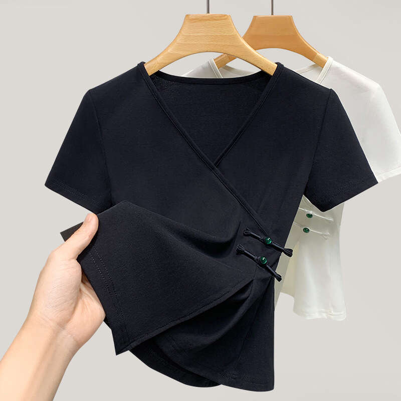 New Chinese Style Women's T-Shirt with National Style Buttons Waist-Cinching Premium Solid Color V-Neck Top