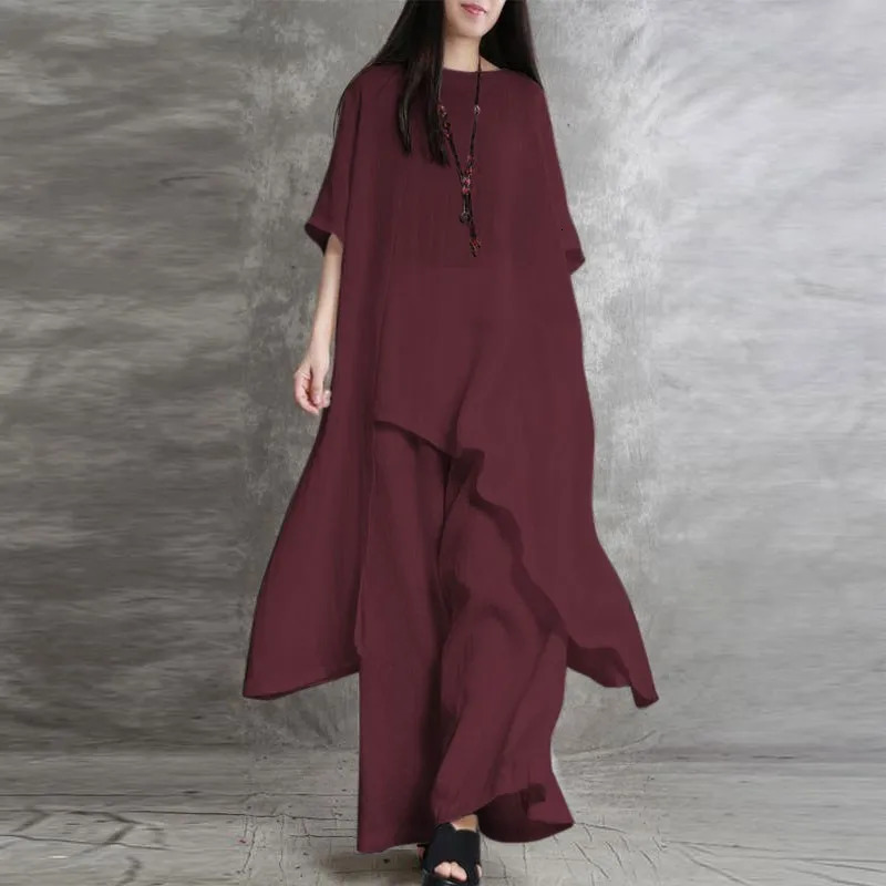 Women Cotton Linen Pant Sets 2 Pieces Casual Half Sleeve Solid Loose BlouseHigh Elastic Waist Wide Leg Full Trousers Suits 260305