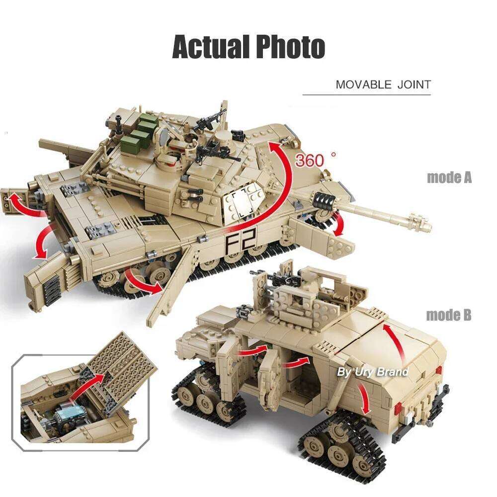 2in1 WW2 Military M1A2 Abrams MBT Tank Model Army Cannon Chariot Set Soldier Figures DIY Building Blocks Toys for Boys Kids Gift Z260306