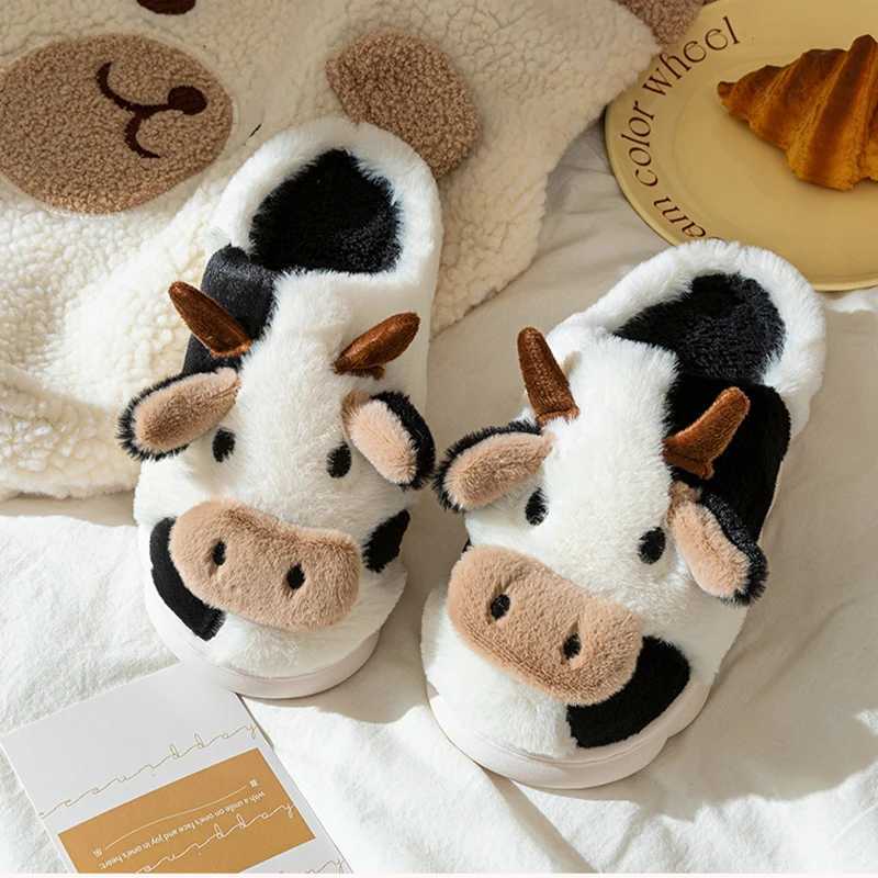 Cute Cow Plush Slippers for Women Men Warm Fuzzy Animal Slippers Indoor Outdoor Cozy Home Shoes S260305