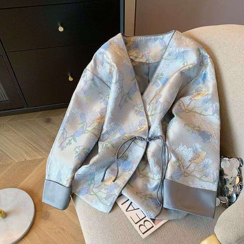 Mardi Hefxessdr Embroidered Jacket Women's Vintage Satin Button up Top Spring Season Revamped Tang Costume Versatile style shirt women's clo