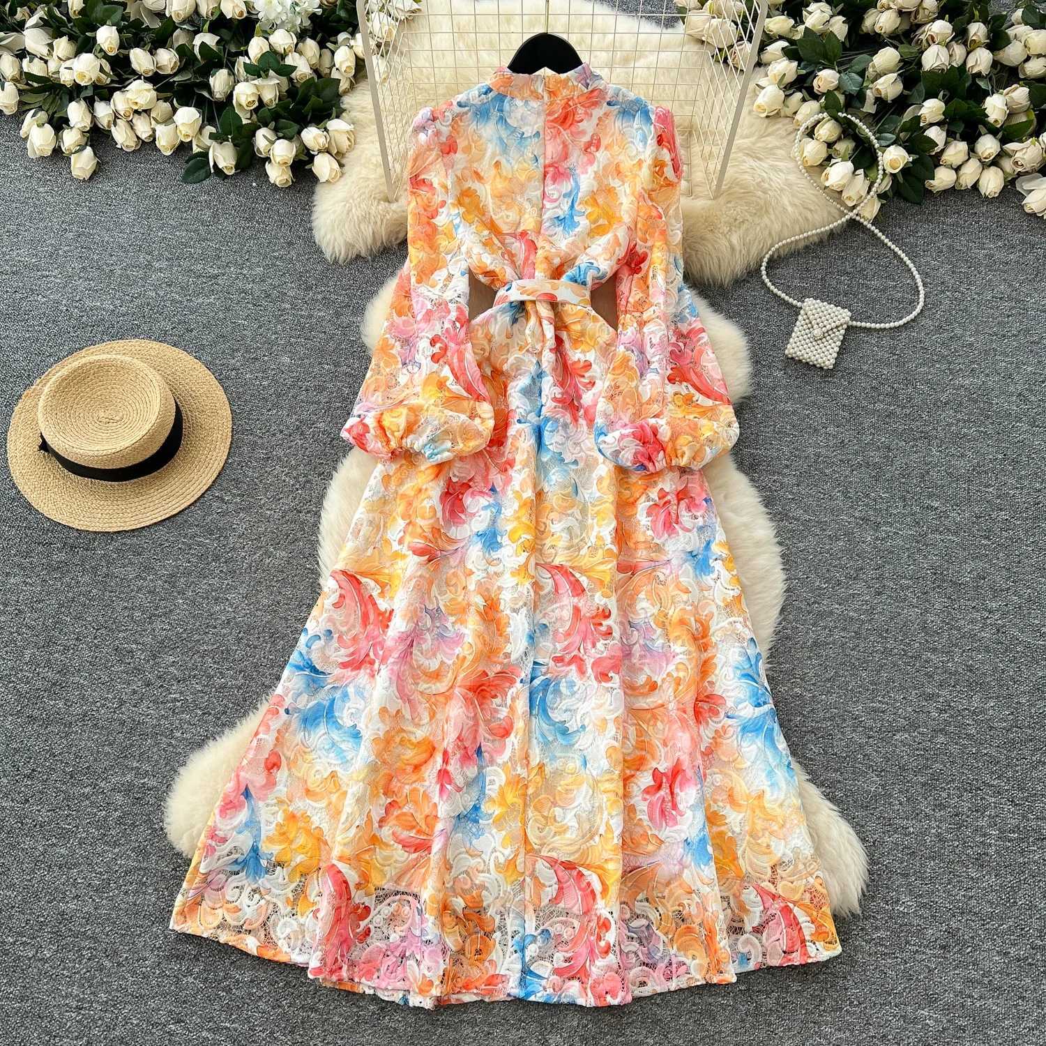 Vintage Elegant Hook flower hollow puff sleeve O Neck sashes Single Breasted Dress Casual Fashion Summer women clothing X260306