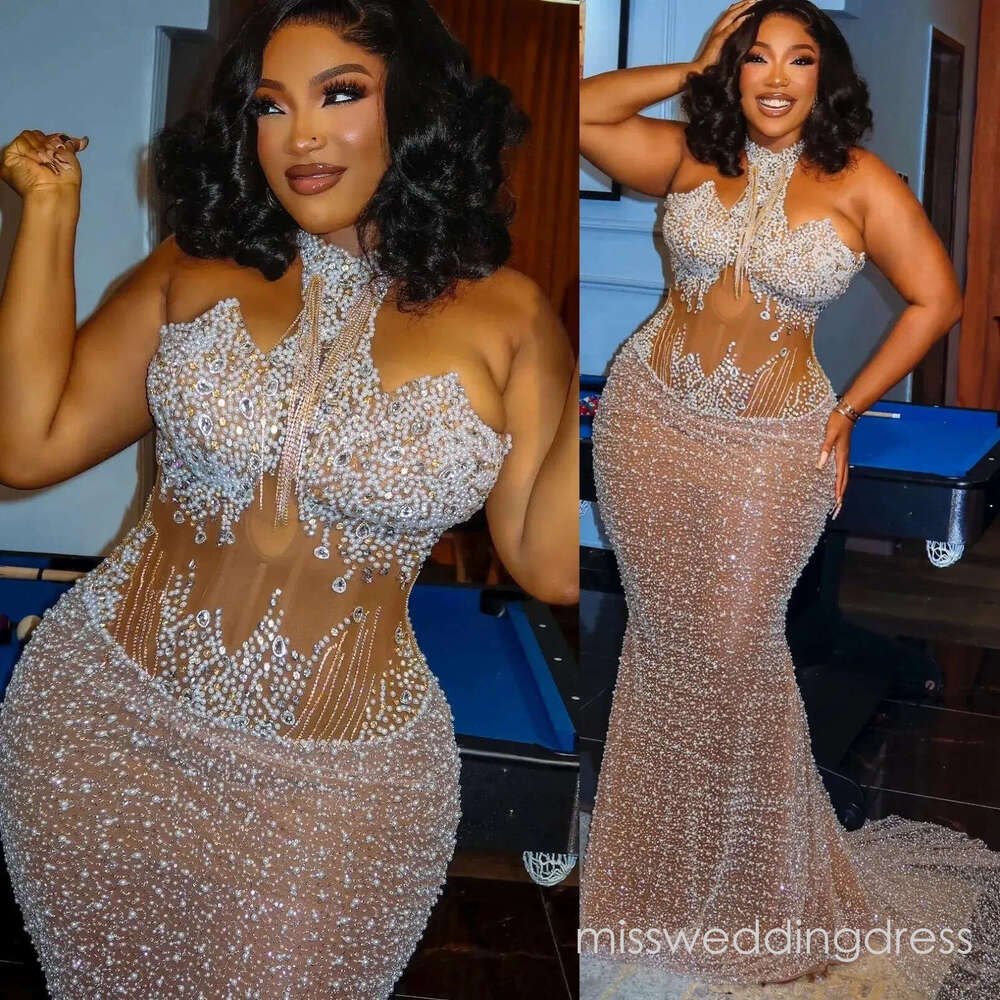 Aso Ebi Ivory Mermaid Prom Dresses 2026 Pearls Crystals Illusion Evening Formal Party Second Birthday Engagement Gowns Plus Size Dress For Special Occ