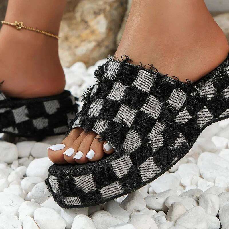 2025Women Denim Summer Beach Women Retro Slip on Wedges Platform Casual Open Toe Flat Sandals Jeans Canvas Slides