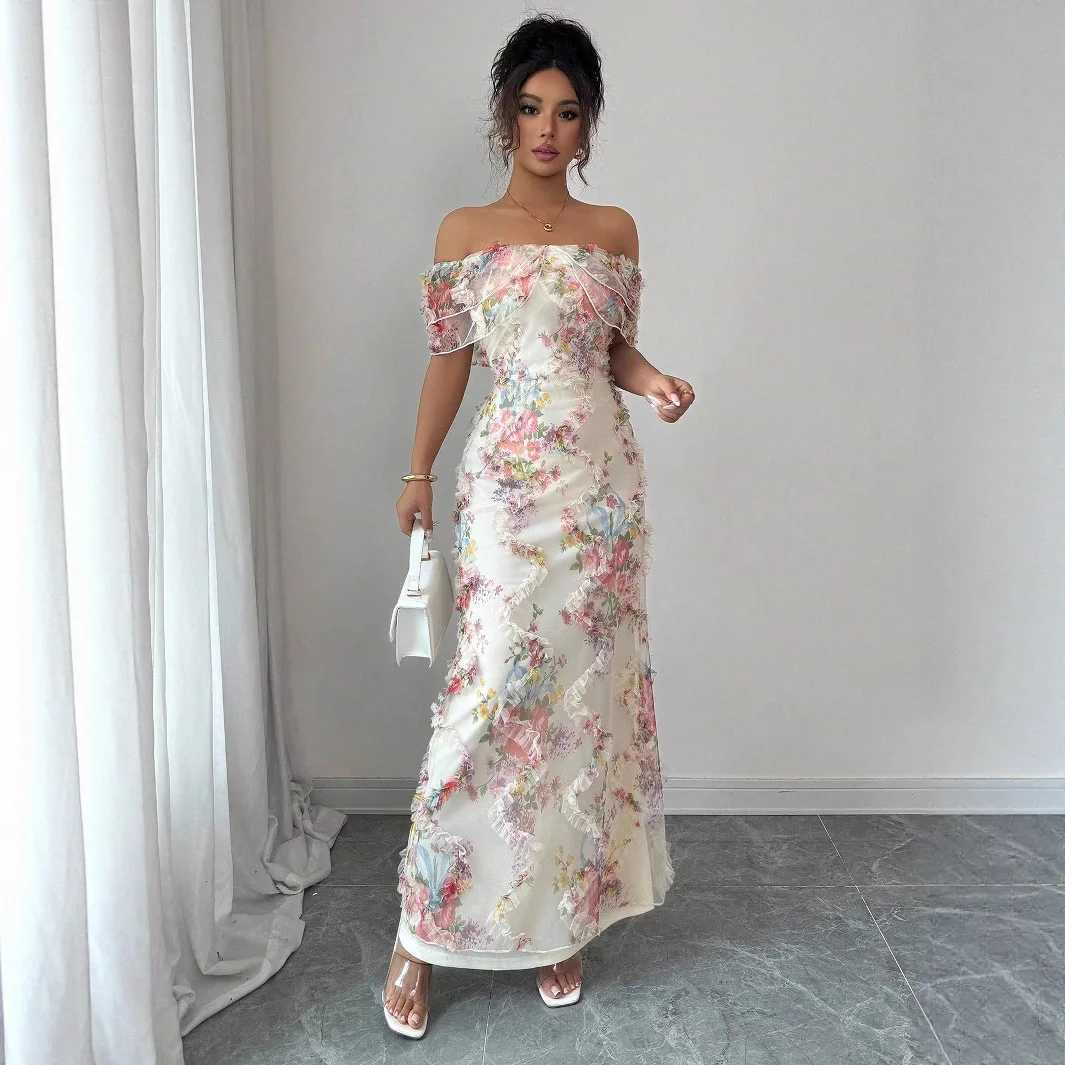 Elegant and romantic ruffled off-the-shoulder waist-cinching tight mesh floral dress for women X260306