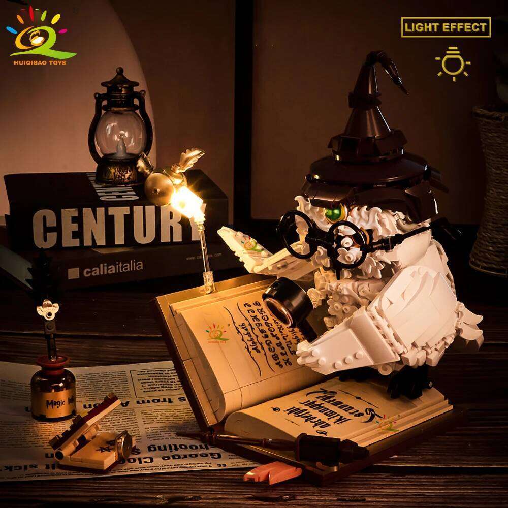 HUIQIBAO MOC Owl Doctor Magic Book with Lights Building Blocks Bricks Animal Models Boys Assembly Toys Kid DIY Home Desk Decor Z260306