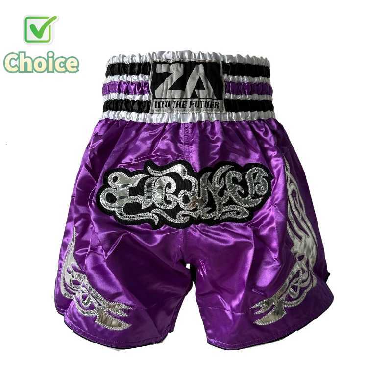 Muay Thai Shorts Traditional Thai Boxing Shorts Men Women Kids Purple Black Satin Embroidered BJJ MMA Gym Fight Kickboxing Pants X260306