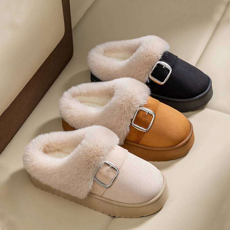 Casual Fluffy Slippers Women House Winter Plush Shoes Ladies Flats Home Warm Fashion Indoor Outdoor Solid Platform Footwear