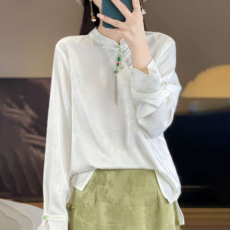 Mardi Hefxessdr New Chinese Silk irt Women's Embroidered Long Sve Lightweight Spring Summer Stand Collar Side Buttoned Chinese style shirt women&