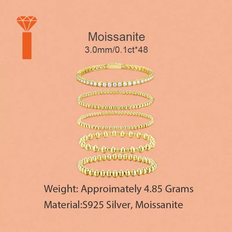 Fine D-Color VVS1 Moissanite Rhodium Plated 925 Sterling Silver Bead Stackable Nickel-Free Lead-Free GRA Certified Bracelet