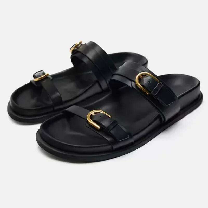 2026 Casual Flat Women Beach Slippers Outdoor Thick Bottom Female Summer Slides Metal Buckle Soft Leather Ladies Roman Shoes