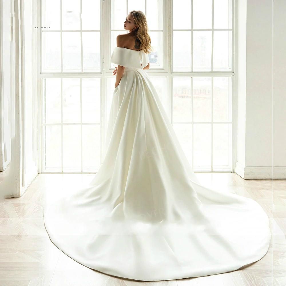 2026 Satin Mermaid Wedding Dress With Detachable Train Off Shoulder Floor Length Bride Dresses Vestido De Noiva