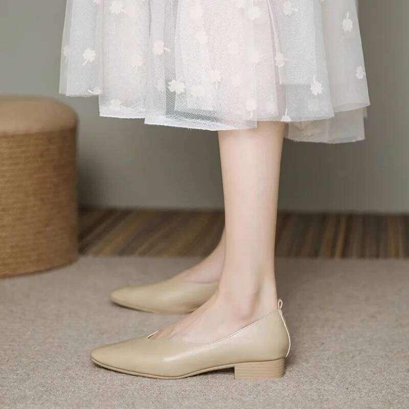Woman Elegant Summer French Square Toe Green Mary Janes Cute Casual Flats Female Retro Low Heeled Soft Soled Flat Shoes