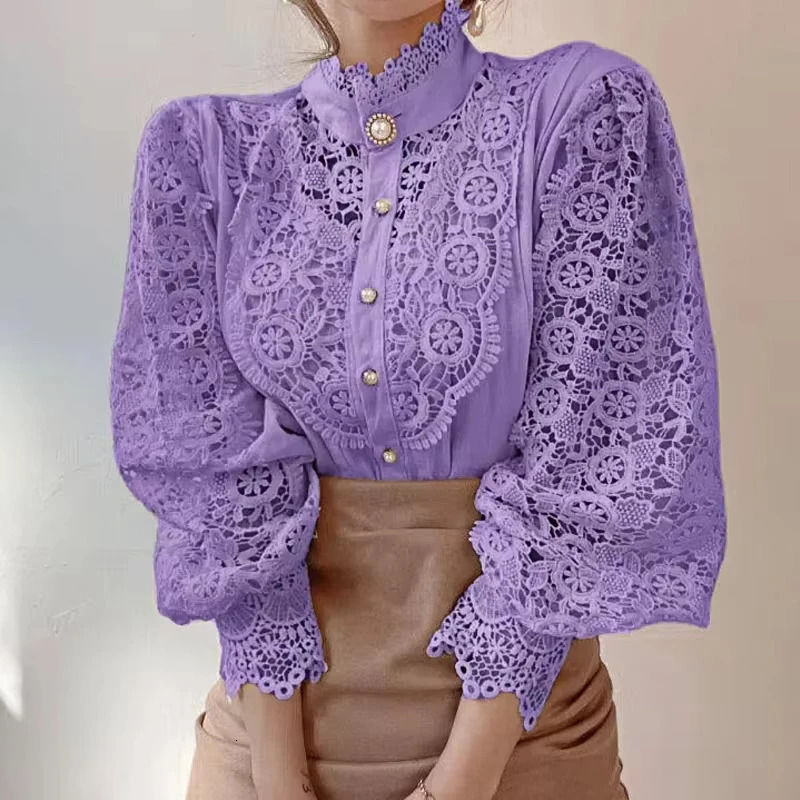 Elegant Loose Sweet Fashion Lace Women Blouse Office Stand Collar Casual Shirt Ladies Petal Long Sleeves Hollow Out Top Clothing 260306