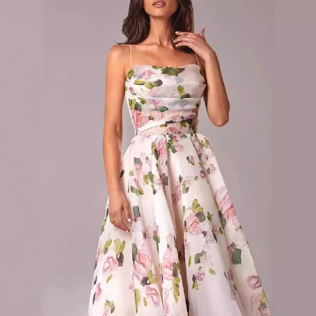 Strapless Spaghetti Straps Flowers Print Knee Length Dress X260306